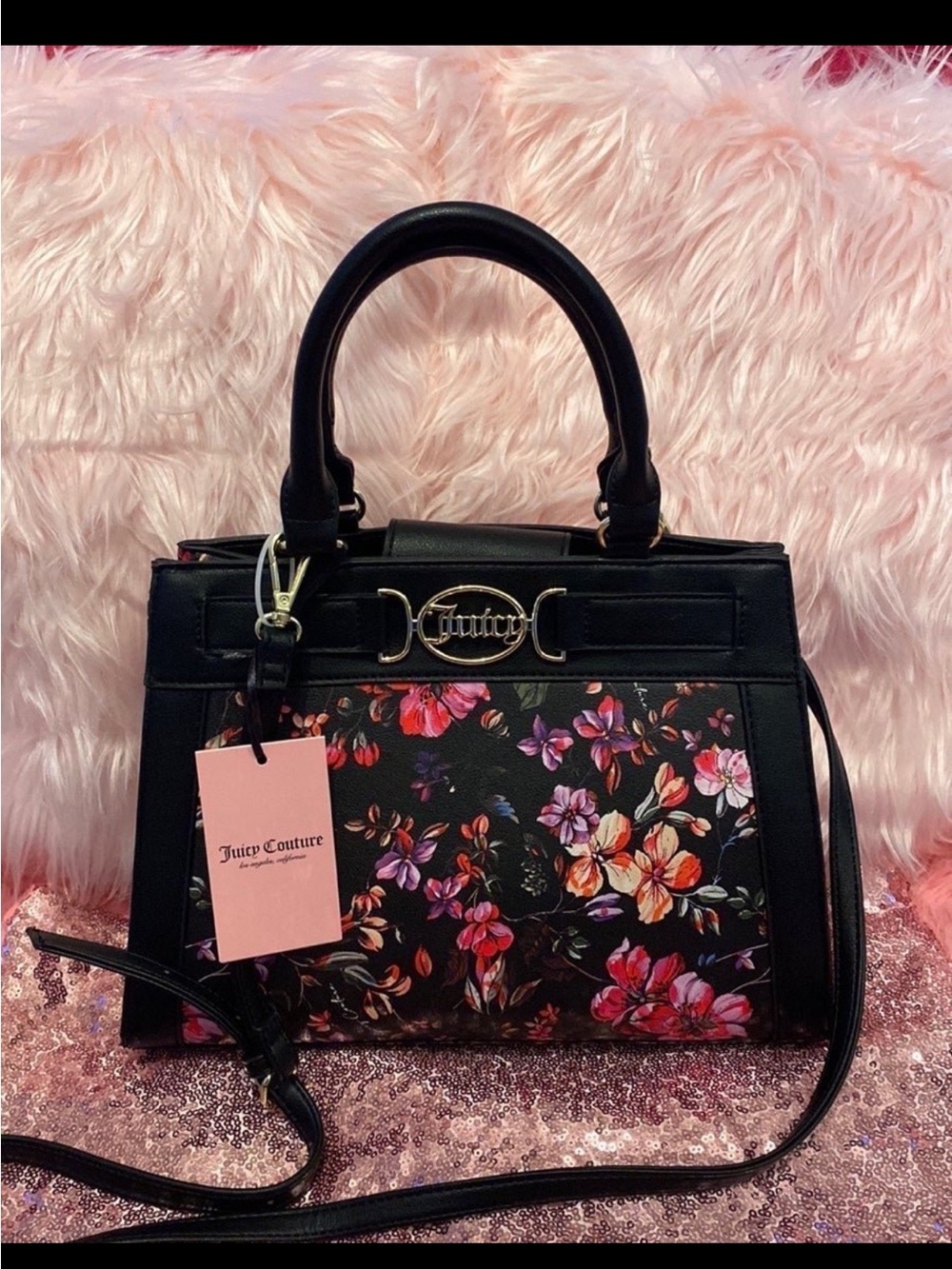 Juicy Couture Black Floral Satchel with Logo